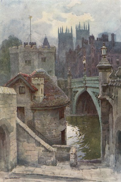 The Water-Gates, Lendal Bridge (farge litho) av Ernest William Haslehust