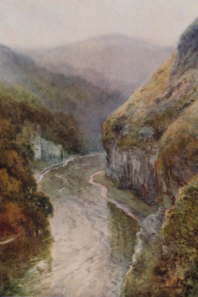 The Wye nær Cressbrook Dale (farge litho) av Ernest William Haslehust