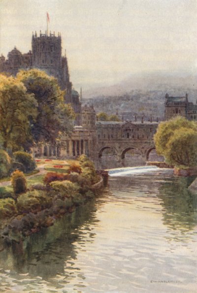 Utsikt fra North Parade Bridge, Bath (farge litho) av Ernest William Haslehust