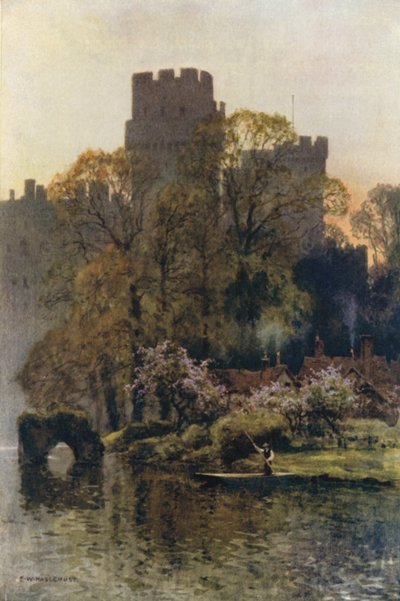 Warwick Castle fra elven (farge litho) av Ernest William Haslehust