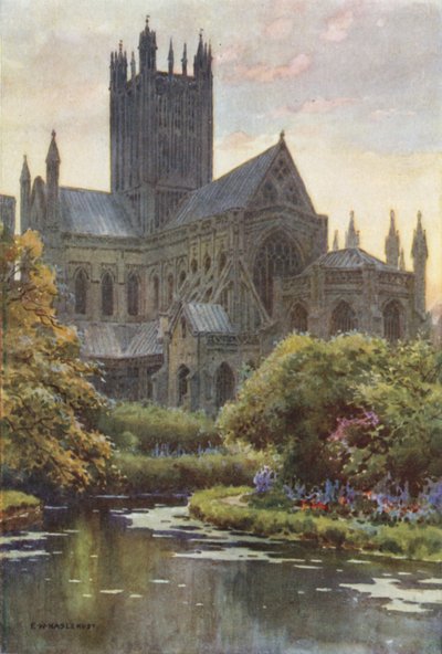 Wells Cathedral from the Springs (farge litho) av Ernest William Haslehust