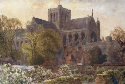 Winchester Cathedral fra Deanery Gardens (farge litho) av Ernest William Haslehust