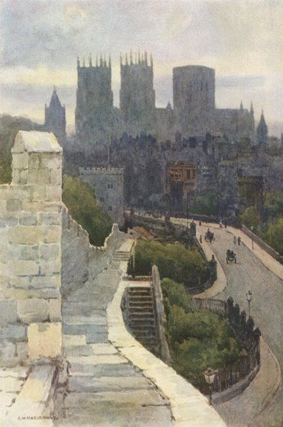 York fra bymurene (farge litho) av Ernest William Haslehust