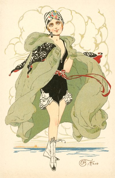 Pen jente i frillbadedrakt og kappe (fargelitografi) av Ernesto Bottaro