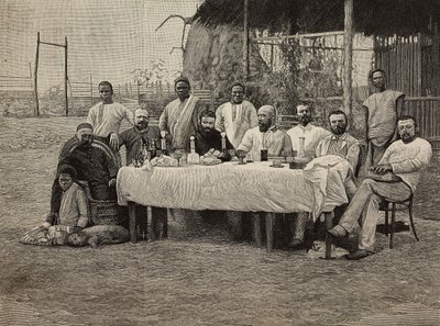 Bankett mot slaveri ved det italienske konsulatet i Boma, Den demokratiske republikken Kongo, gravering av Ernesto Mancastropa fra fotografi av Giuseppe Corona, fra L