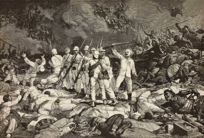 Slaget ved Dogali, siste overlevende som presenterer våpen, hilser falne, Eritreisk krig, gravering av Ernesto Mancastroppa og Cantagalli fra tegning og komposisjon av Ludovico Pogliaghi, fra L