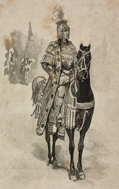 Hertugen av Aosta Emanuele Filiberto av Savoy i kostyme til Umberto Biancamano i Villa Borghese-turneringen i anledning sølvbryllup til Umberto I og Margherita av Savoy, Roma, Italia av Ernesto Mancastroppa
