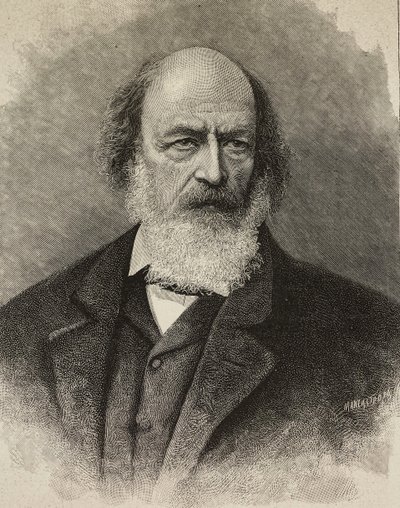 Portrett av Alfred Tennyson (1809-1892), britisk poet, gravering av Ernesto Mancastroppa fra fotografi av Barraud, fra L