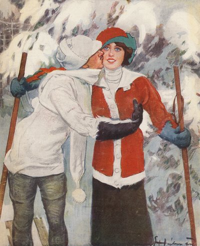 Par på ski om vinteren (farge litho) av Ernst (after) Heilemann