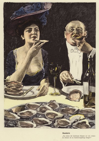 Spise østers på en restaurant (farge litho) av Ernst (after) Heilemann