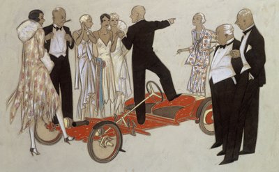 En gruppe damer og herrer i aftenkjole som lytter til en høyttaler, står i en Bugatti 
