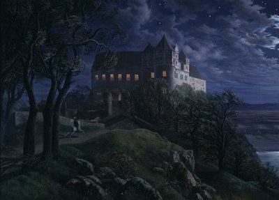 Slott Scharfenberg om natten, 1827 av Ernst Ferdinand Oehme
