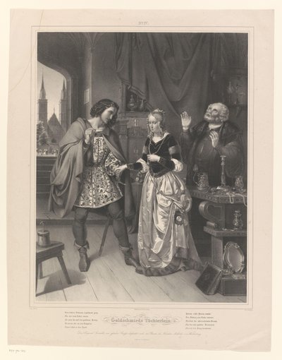 Mann ber om en kvinnes hånd Goldschmied's Töchterlein (tittel på objekt) Daughter of the goldsmith (serietittel) av Ernst Friedrich Oldermann