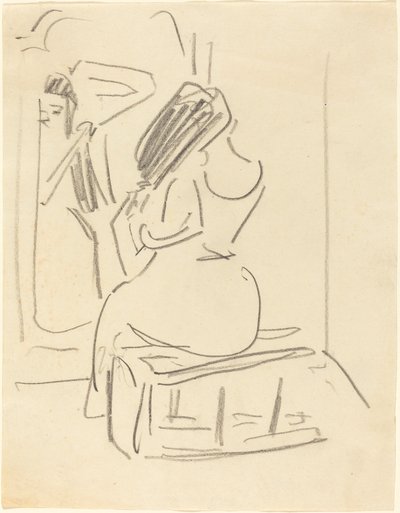 En kvinne som grer håret foran et speil, sent på 1800- og begynnelsen av 1900-tallet. av Ernst Ludwig Kirchner