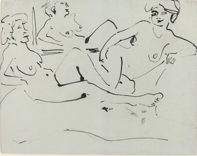 Dodo og en eldre kvinne lener seg foran et speil, 1909. av Ernst Ludwig Kirchner
