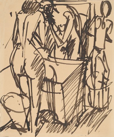 Naken med et speil, stående foran et vaskebord, 1908-1910. av Ernst Ludwig Kirchner