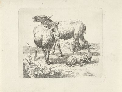 Tre sauer og et lam på en eng av Ernst Ludwig Creite