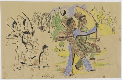 Bueskyttere, ca. 1935 (penn og kritt på brunt papir) av Ernst Ludwig Kirchner