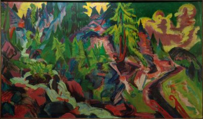 Sveitsisk furulandskap med en foss av Ernst Ludwig Kirchner