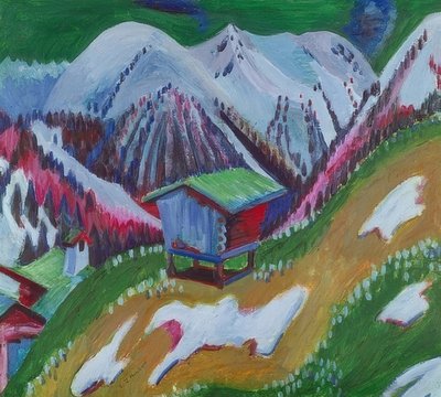 Fjelllandskap med alpinhytte. Rundt 1922 av Ernst Ludwig Kirchner