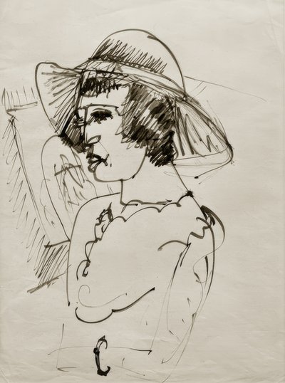 E.L. Kirchner, portrett av Erna med stor hatt av Ernst Ludwig Kirchner