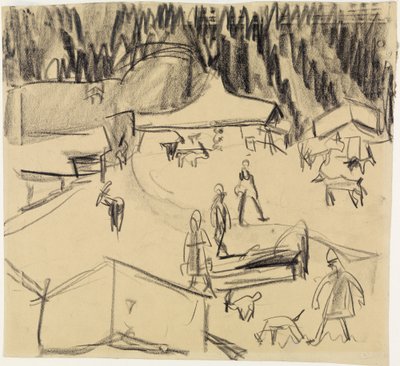 Fjellandsby (Staffelalp) med gjeter og geiter av Ernst Ludwig Kirchner