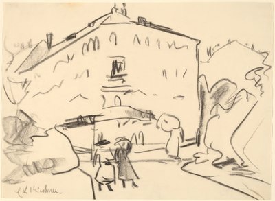 Hus i Dresden med folk som rusler av Ernst Ludwig Kirchner