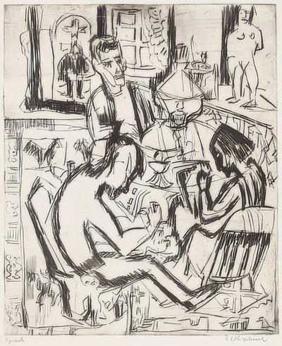 Interiør med mennesker. 1923 av Ernst Ludwig Kirchner