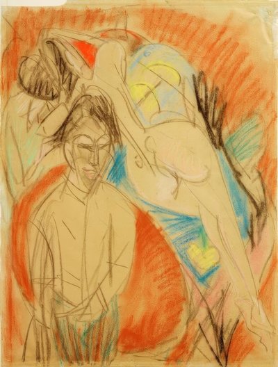 Maler og naken kvinne (selvportrett med modell) av Ernst Ludwig Kirchner