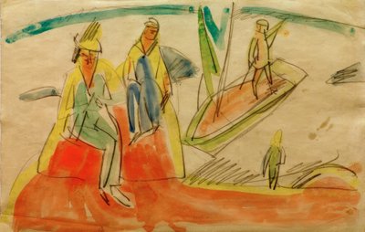 Folk og båt på stranden av Ernst Ludwig Kirchner