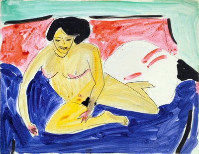 Naken sittende på en divan (Sittende naken på Divan). Verk av Ernst Ludwig Kirchner (1880-1938), akvarell og blekk på papir av Ernst Ludwig Kirchner