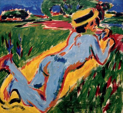 Nu bleu sover i stråhatt. Verk av Ernst Ludwig Kirchner (1880-1938), olje på papp av Ernst Ludwig Kirchner