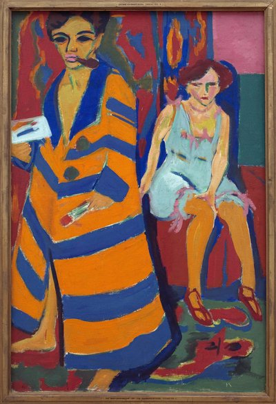 Selvportrett med modell. Maleri av Ernst Ludwig Kirchner (1880-1938), Olje på lerret av Ernst Ludwig Kirchner