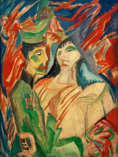 Soldat og jente mellom fargerike gardiner av Ernst Ludwig Kirchner