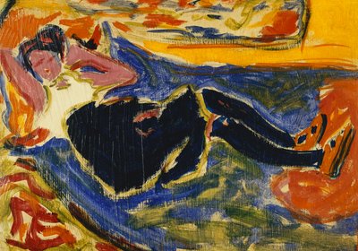 kvinne med svarte strømper; Woman with Black Stockings (Die Schwarze Grete), ca. 1908-09 (olje på papir lagt på lerret) av Ernst Ludwig Kirchner