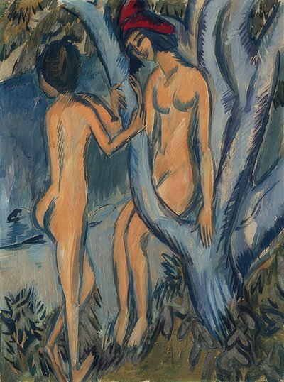 To nakenbilder på et tre, Fehmarn. 1912-13 av Ernst Ludwig Kirchner