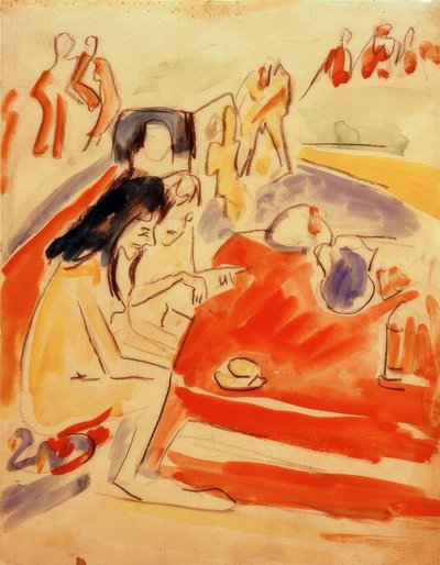 To jenter sitter ved bordet av Ernst Ludwig Kirchner
