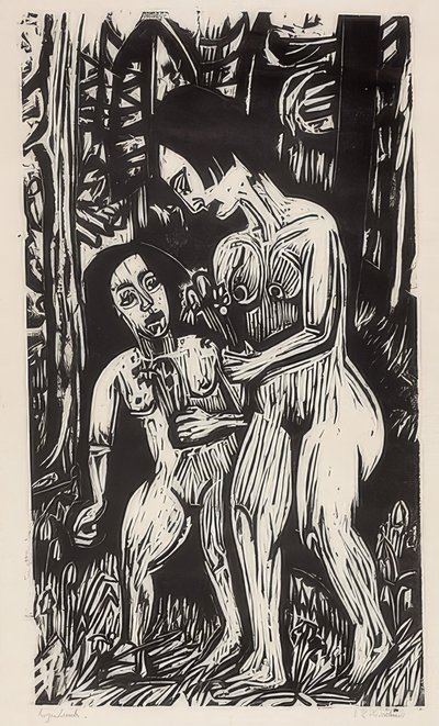 To nakne jenter med blomster i skogen. 1923 av Ernst Ludwig Kirchner