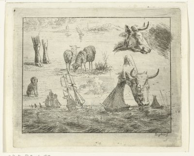 Studieark med sjølandskap, to kuhoder, sauer, en hund og to bein av Ernst Willem Jan Bagelaar