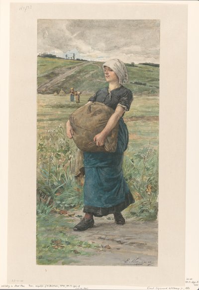 Vandrende kvinne med tung bag av Ernst Witkamp (signed by artist)