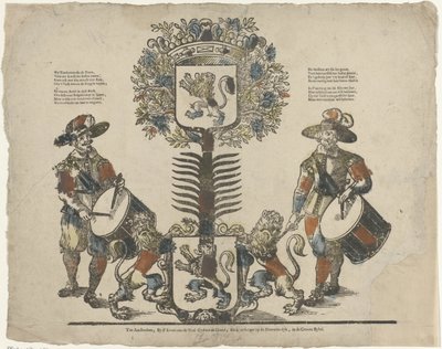 Tre med to våpenskjold, en tambur på hver side av Erven Weduwe Gijsbert de Groot