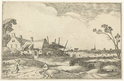 Gård på sti og utsikt over jorder Landskapslandskap (serietittel) av Esaias van de Velde