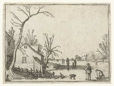 Gård ved frossen elv og skatere på isen Små landskap (serietittel) av Esaias van de Velde