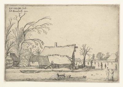 Gård ved frossen elv med skatere Landskapslandskap (serietittel) av Esaias van de Velde