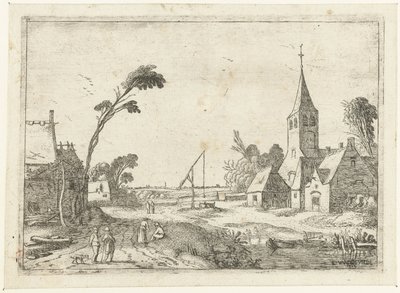 Landsbyutsikt med gårder, kirke og brønn Landskapslandskap (serietittel) av Esaias van de Velde