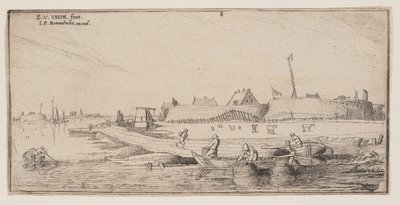 Fiskere i robåter foran en bymur, fra Landskap av Esaias van de Velde