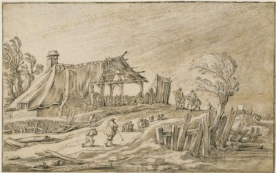 Landevei med saueflokk og ryttere i regnstorm av Esaias van de Velde