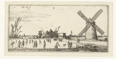 Skatere på isen ved en mølle i nærheten av Penningsveer Landskap (serietittel) av Esaias van de Velde