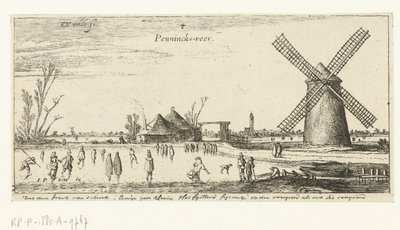 Skatere på isen ved en mølle i nærheten av Penningsveer Landskap (serietittel) av Esaias van de Velde