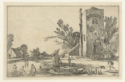 Firkantet tårn ved en frossen elv med kolbespillere Landskapslandskap (serietittel) av Esaias van de Velde